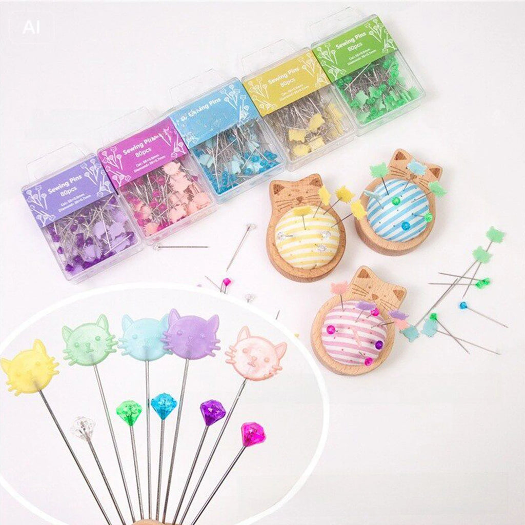 Cute Cat Pin Cushion Kit with 80 Craft Positioning Pins Sewing Pin Cushion Kit Nixie