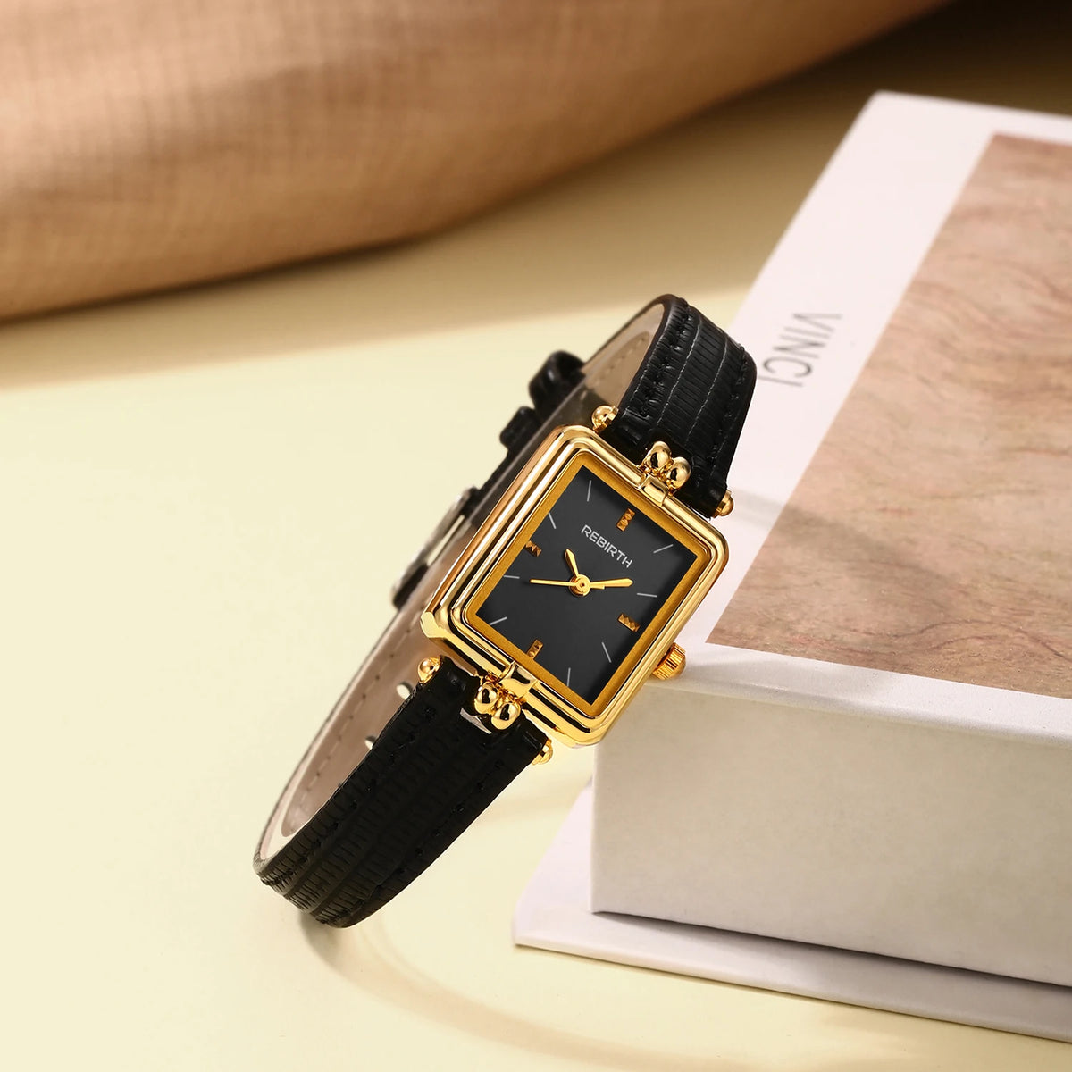 REBIRTH Retro Quartz Watch – Square Dial Leather Band Quartz Wristwatch Nixie