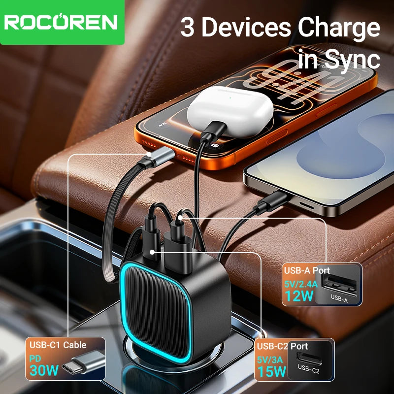 Rocoren 3-in-1 PD 30W Retractable Car Charger 2C+A Ports Car Charger Adapter Nixie