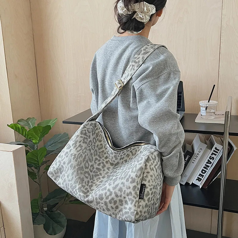 Korean Canvas Leopard Print Crossbody Bag – Large Capacity