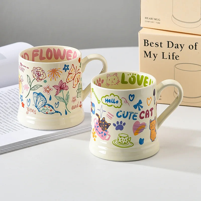 French Style Cat & Butterfly Ceramic Mug 370ml | Cute Gift