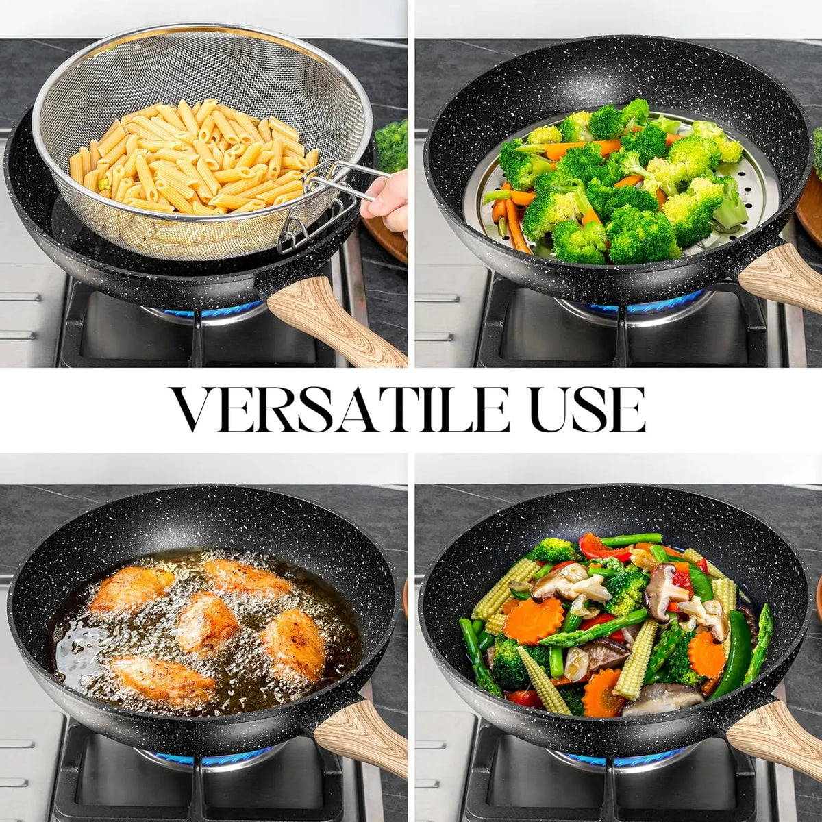 MICHELANGELO 12" Non-Stick Wok Set with Lid, Steamer & Fry Basket Non-Stick Wok Set Nixie