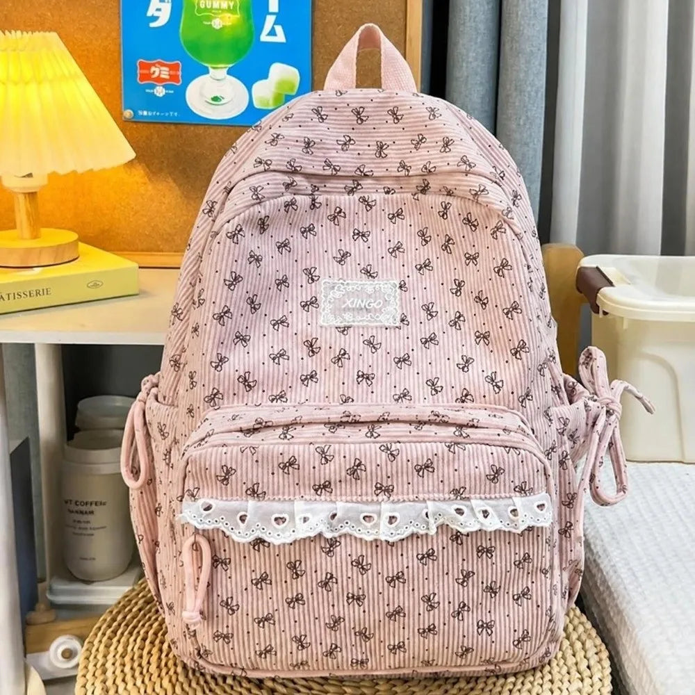 Korean Corduroy Backpack Bow Knot Polka Dot Preppy School Bag