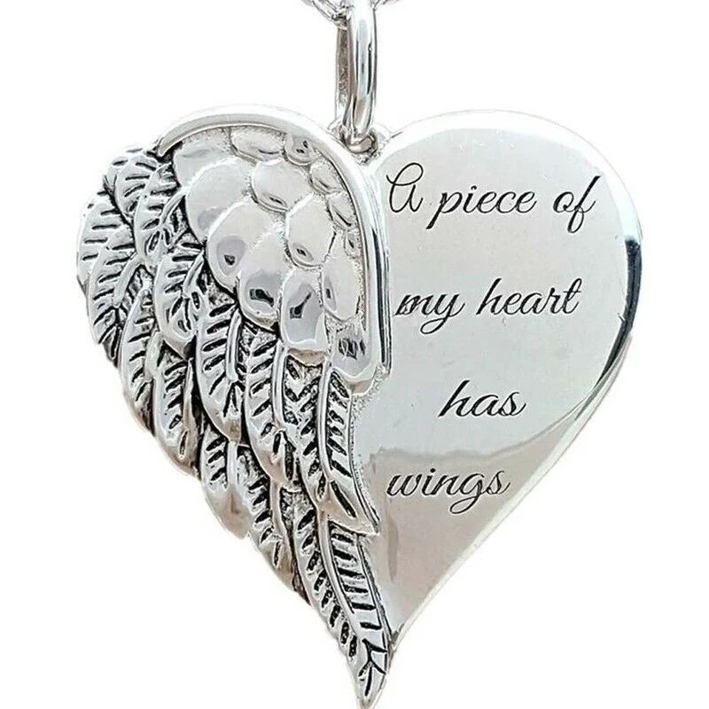 Love Heart Angel Wings Silver Pendant Necklace for Women