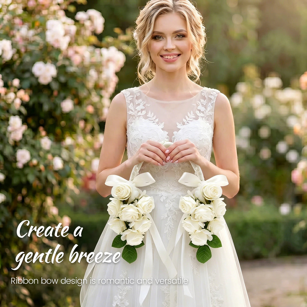 Artificial White Rose Bridal Bouquet with Pearl Handle Artificial Bridal Bouquet Nixie