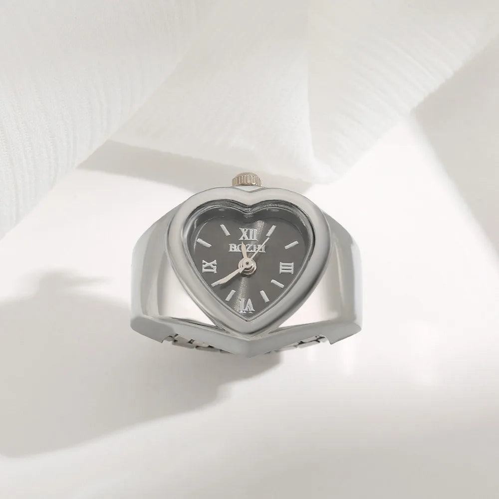 Retro Heart Shape Ring Watch – Stainless Steel Quartz Clock Ring Watch Nixie Silver Black