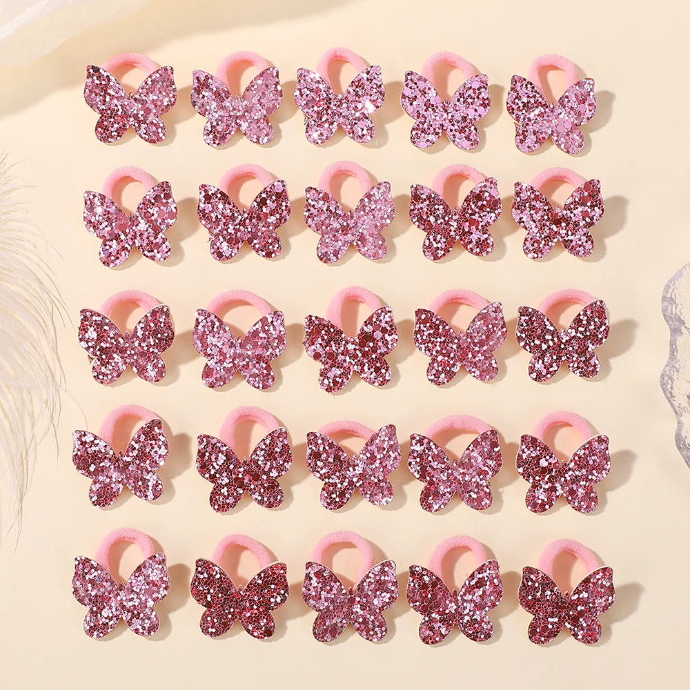 20pcs Glitter Butterfly Bow Elastic Hair Bands for Girls Girls Hair Accessories Nixie Pink
