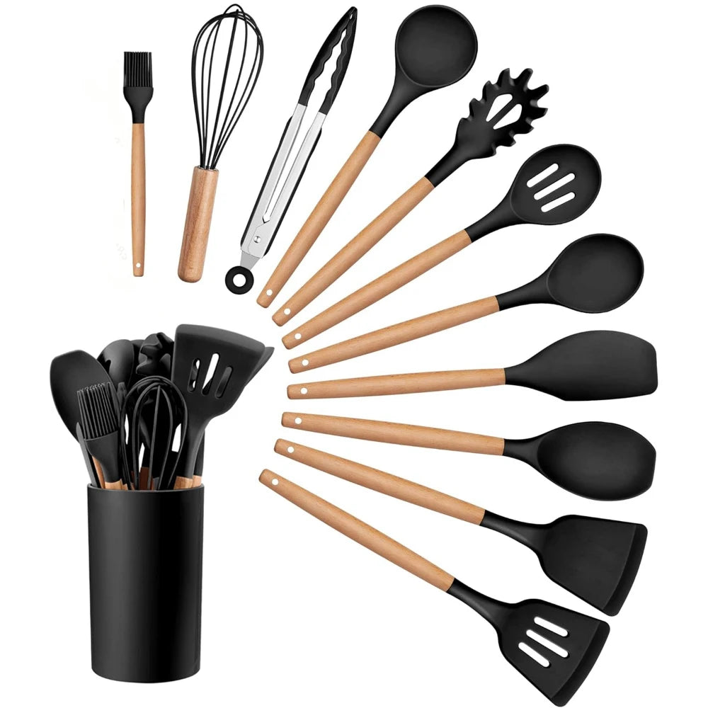 12-Piece Silicone Kitchen Utensils Set – Wooden Handles Silicone Utensil Set Nixie
