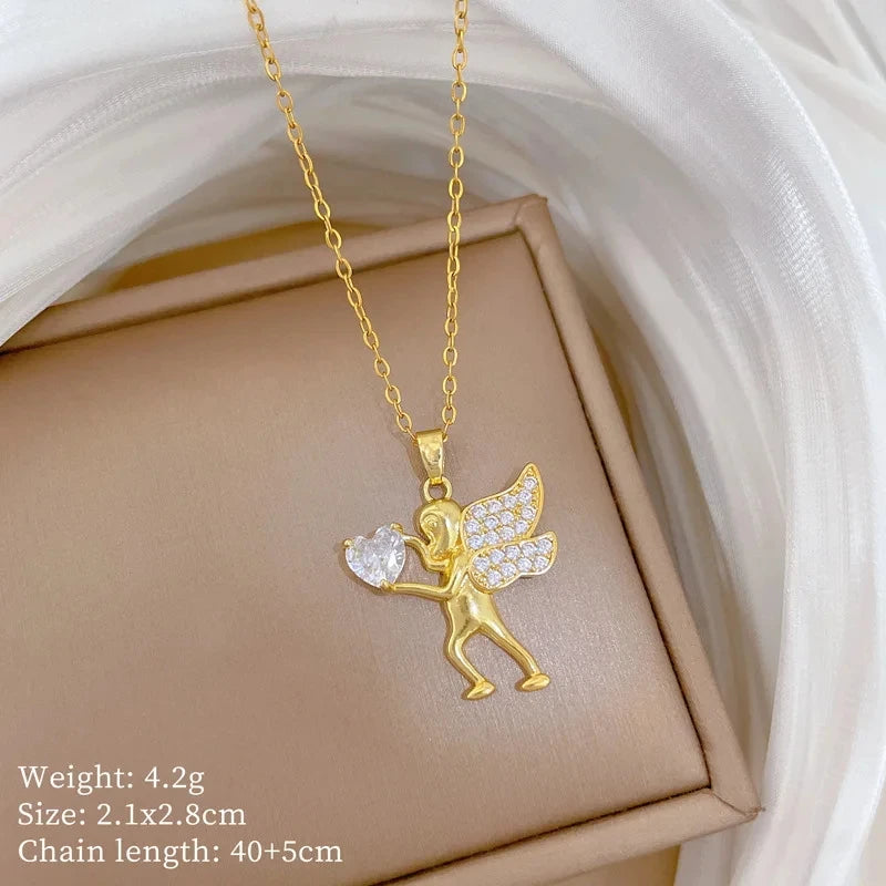Cupid Pendant Necklace Women | Gold Stainless Steel Chain Pendant Necklace Nixie XL2606-666