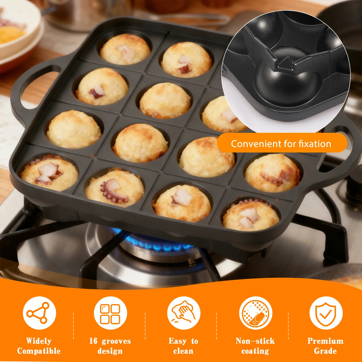 16-Hole Nonstick Takoyaki Pan – Die Cast Aluminum Mold Takoyaki Cooking Pan Nixie