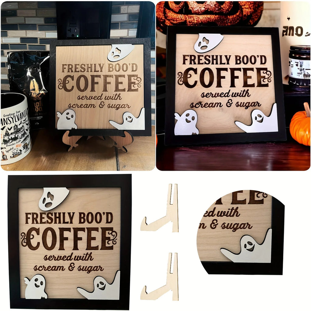 3D Wooden "Fresh Boo Coffee" Halloween Sign | Ghost Décor Halloween Wood Sign Nixie
