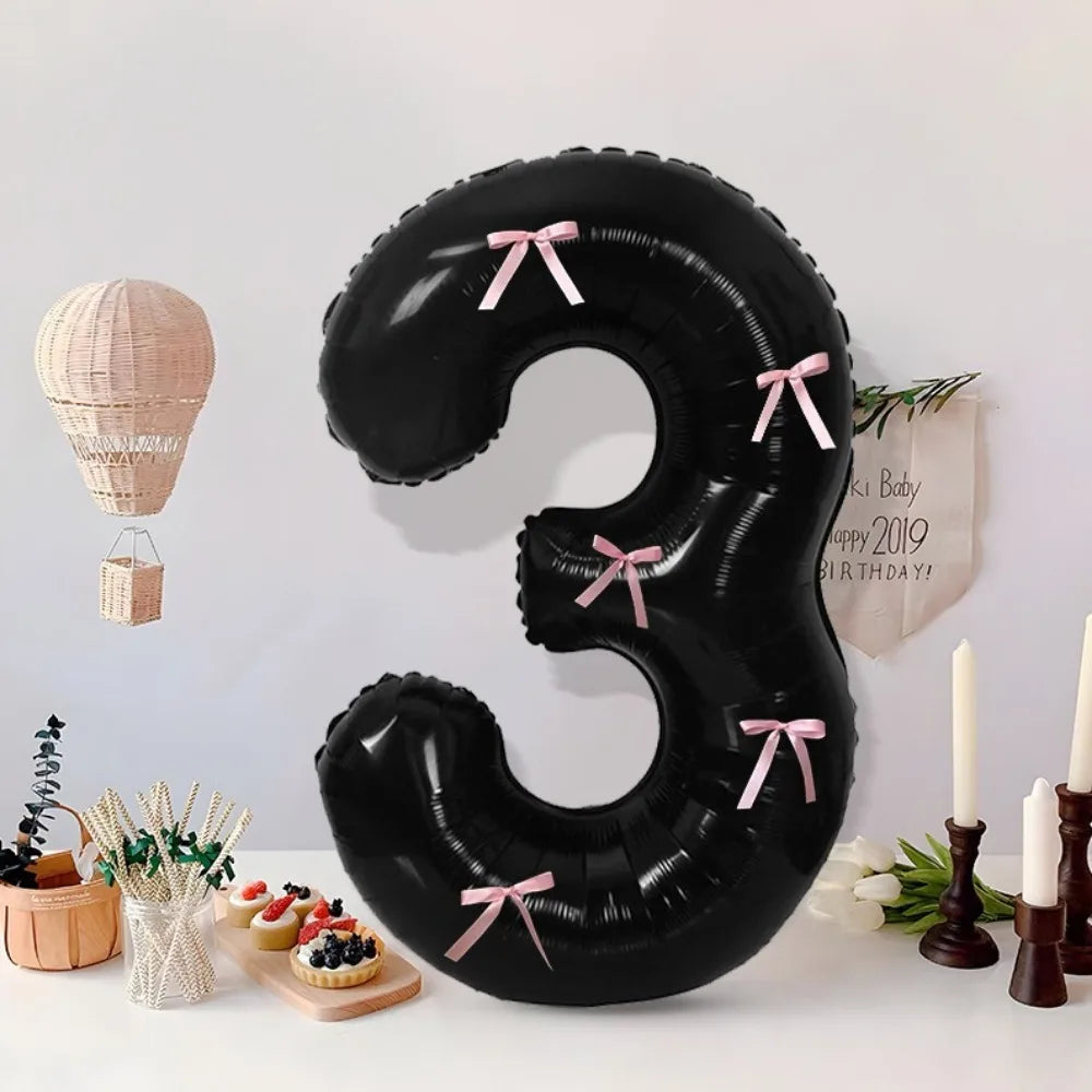 32 Inch Black Number Balloon with Pink Bows | Foil Party Decor Party Balloon Decoration Nixie