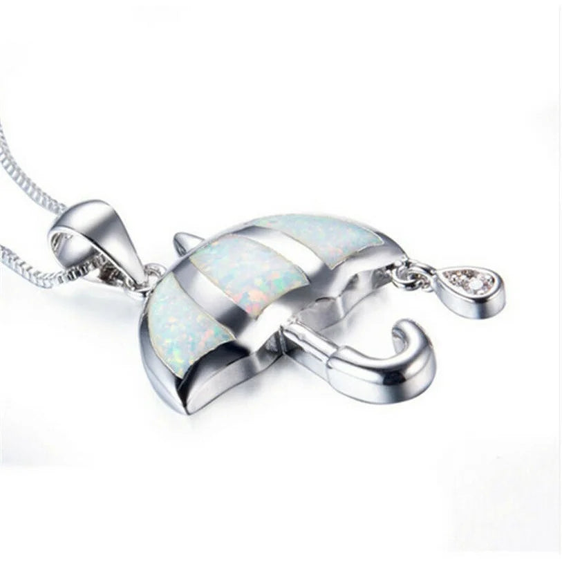 Silver Simulated Opal Umbrella Pendant Necklace | Gift Jewelry Pendant Necklace Nixie
