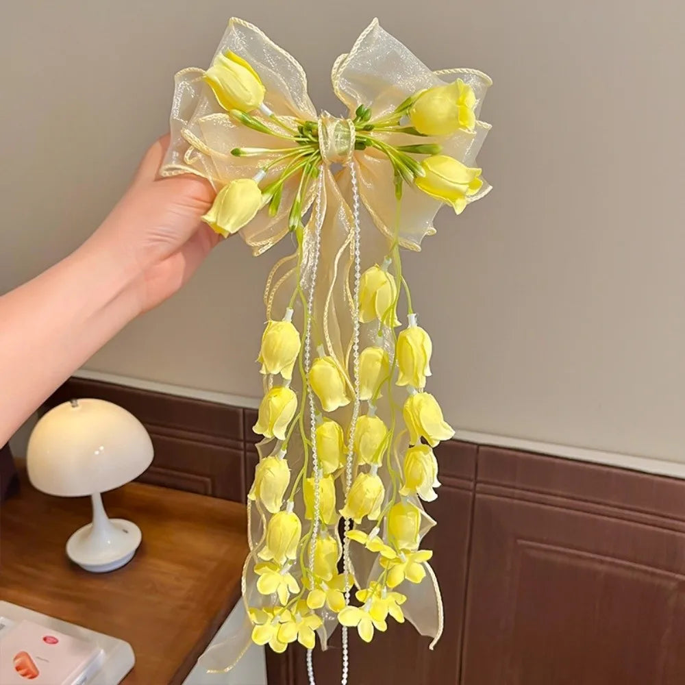 Large Bow Ribbon Hair Clip DIY Tassel Barrette for Girls Bow Hair Barrette Nixie Yellow