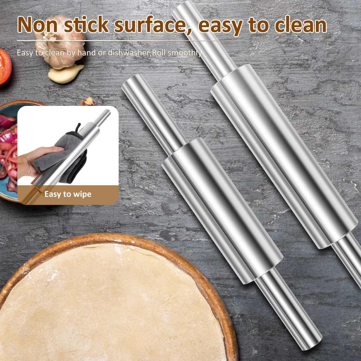 3-Piece Stainless Steel Rolling Pin Set – Nonstick & Ergonomic Baking Rolling Pin Nixie