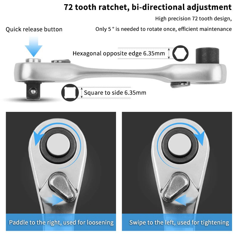 2-in-1 Double-End 1/4" Ratchet Wrench & Socket Screwdriver