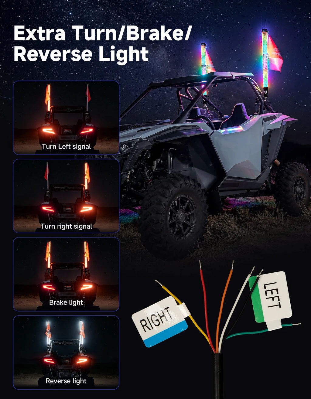 3FT RGB LED Whip Lights for UTV ATV – IP67, Brake & Turn Signal LED Whip Lights Nixie