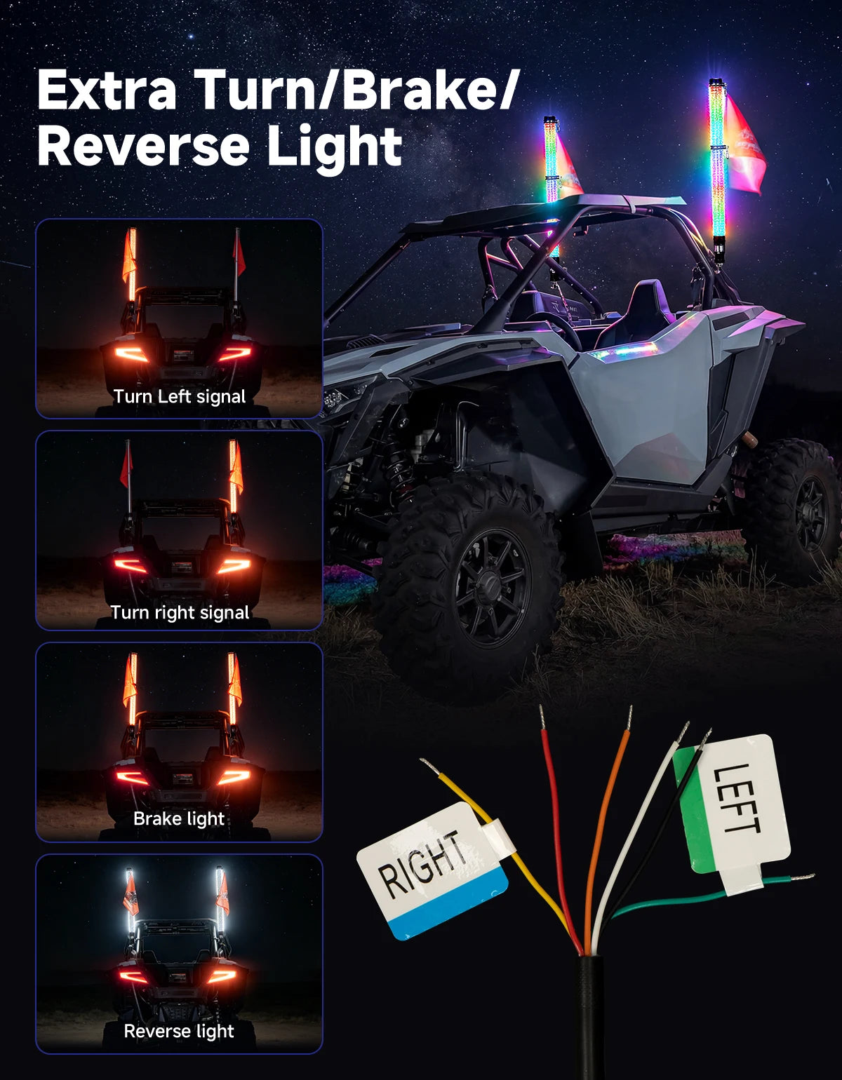 3FT RGB LED Whip Lights for UTV ATV – IP67, Brake & Turn Signal LED Whip Lights Nixie