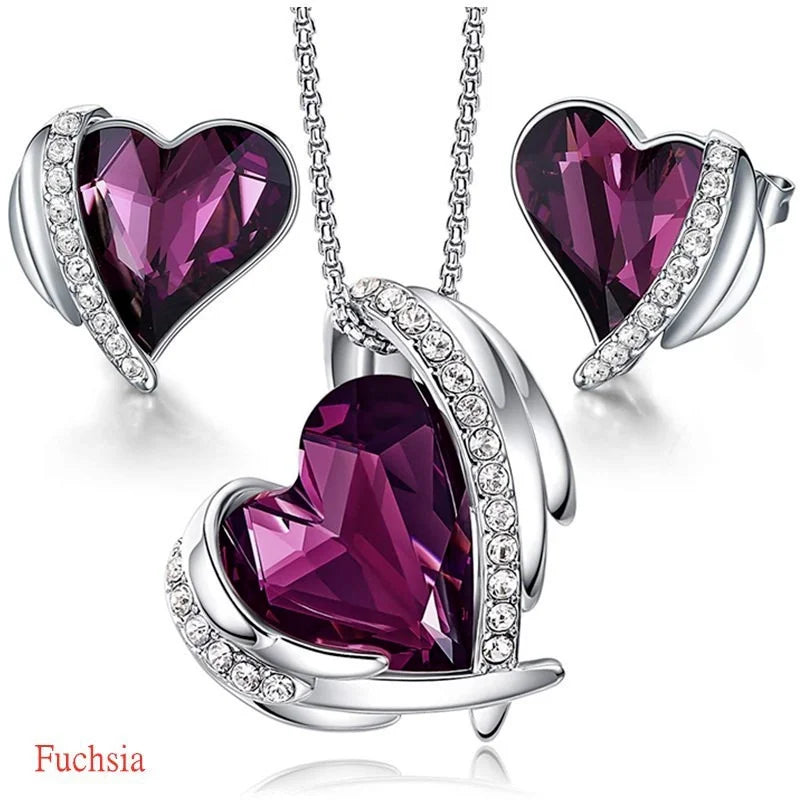 Silver Heart Crystal Necklace & Earrings Set for Women Jewelry Set Nixie Fuchsia