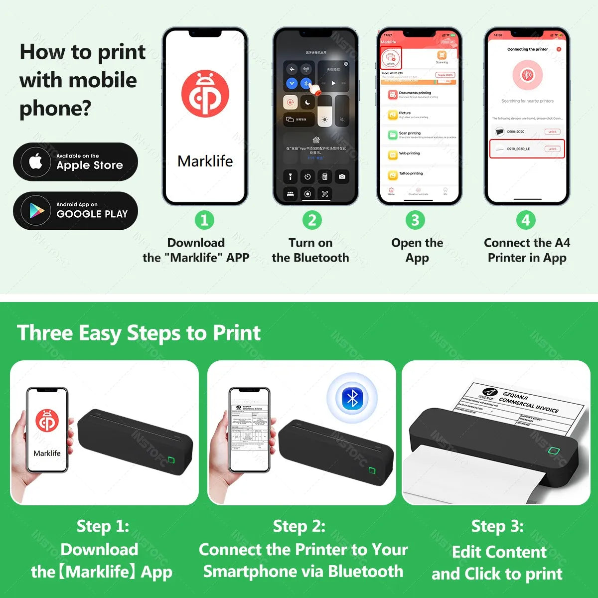 Marklife A4 Portable Thermal Printer – Bluetooth & USB, All Devices