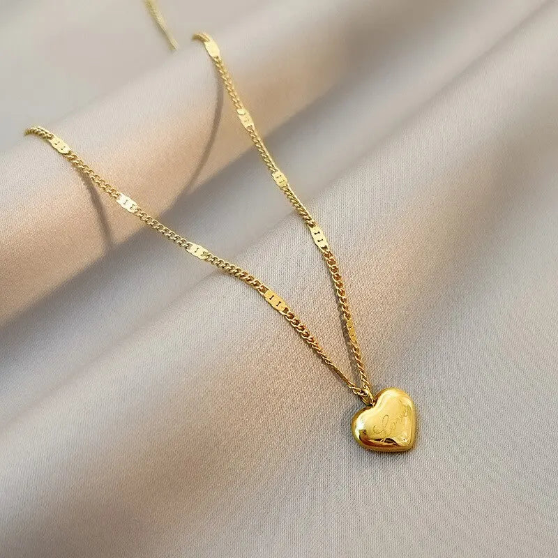 Gold Heart Pendant Necklace – Engraved Love Collarbone Chain Pendant Necklace Nixie SKU1