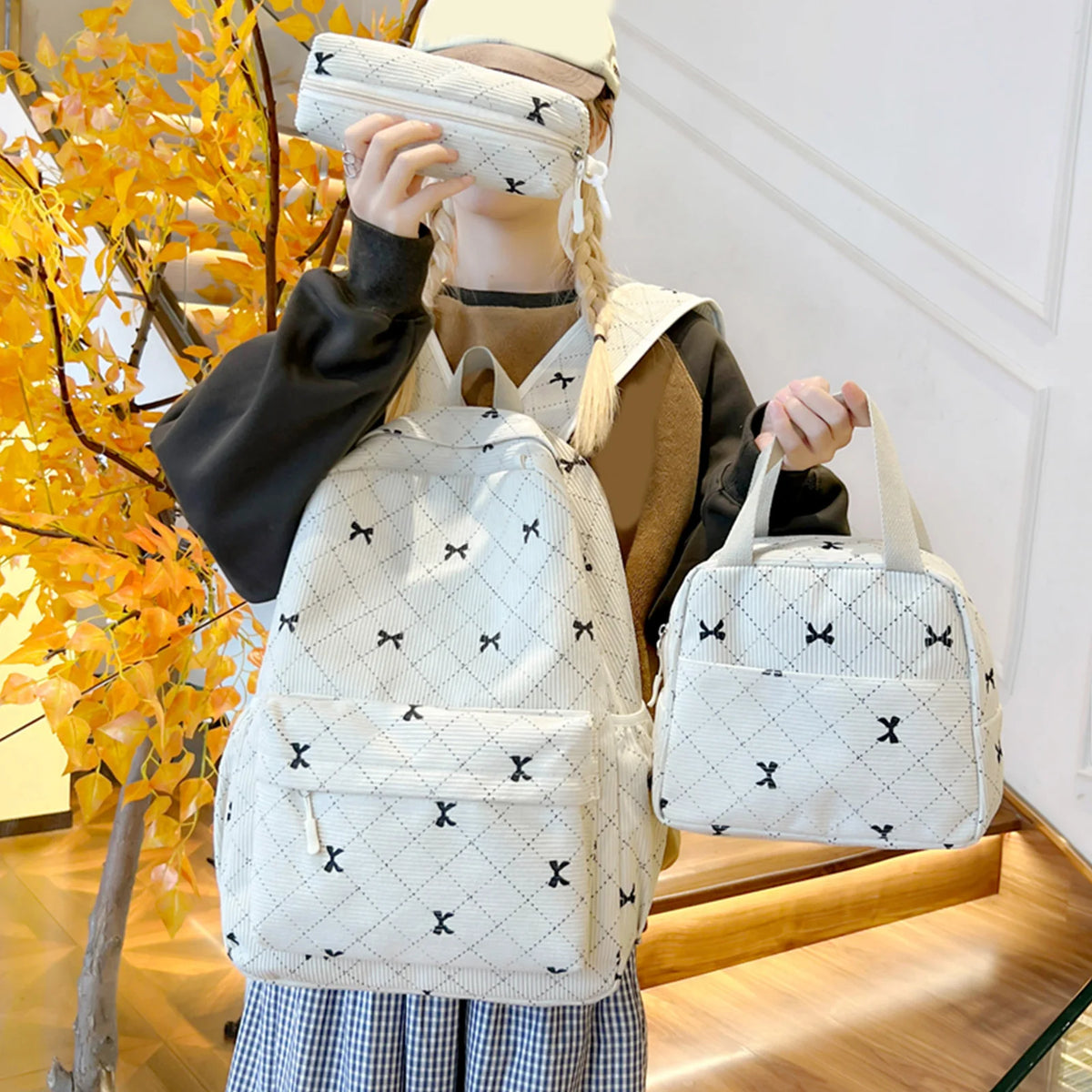Corduroy Bow Aesthetic Backpack & Lunch Bag Set for Women Aesthetic Backpack Set Nixie