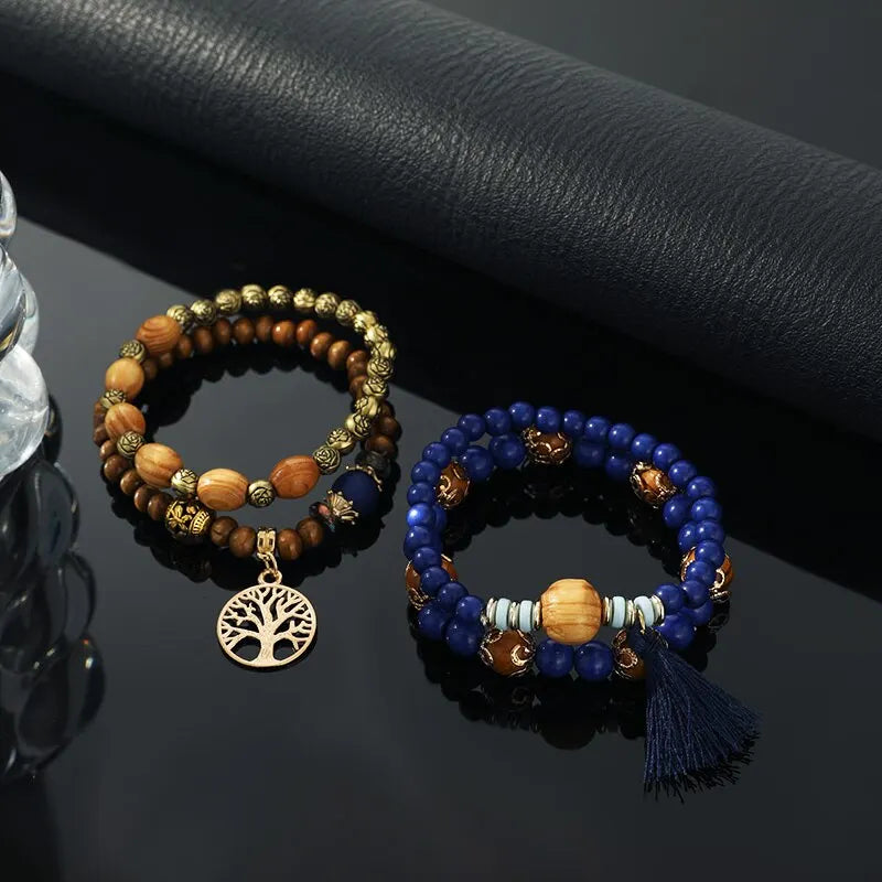 4pcs Vintage Boho Bracelet Set – Beads, Tassel & Leaf Pendant Bangle Bracelet Set Nixie