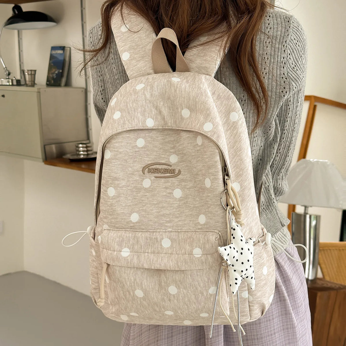 Korean Star Polka Dot Backpack – Large Capacity Women's School Bag Women's Backpack Nixie Khaki