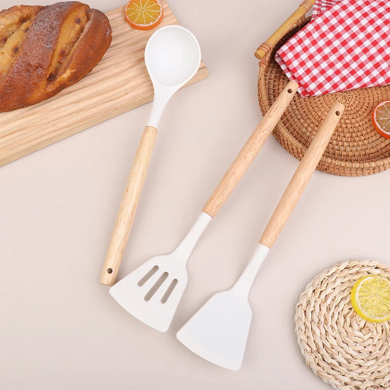 Wooden Handle Silicone Spatula Set – Frying Spatula & Ladle Kitchen Utensil Set Nixie