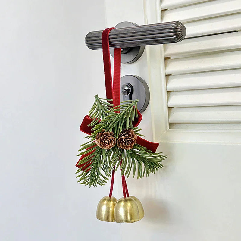 Christmas Jingle Bell Door Hanger – Velvet Bow & Pine Cone Ornament Christmas Door Ornament Nixie