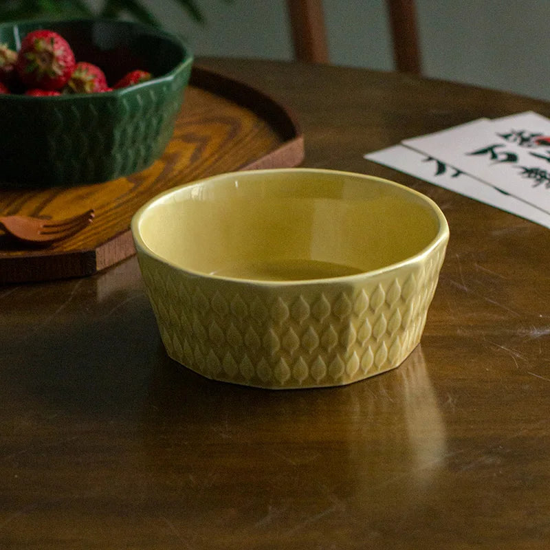 French Medieval Ceramic Salad Bowl – Yellow Leaf Relief 6.1" Ceramic Serving Bowl Nixie