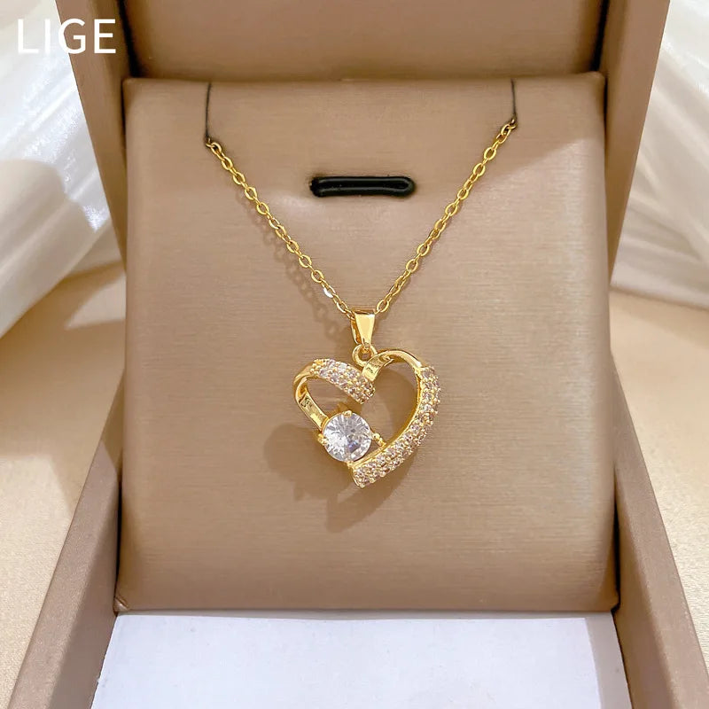 Diamond-Paved Heart Pendant Necklace | Gold & Steel Women Pendant Necklace Nixie