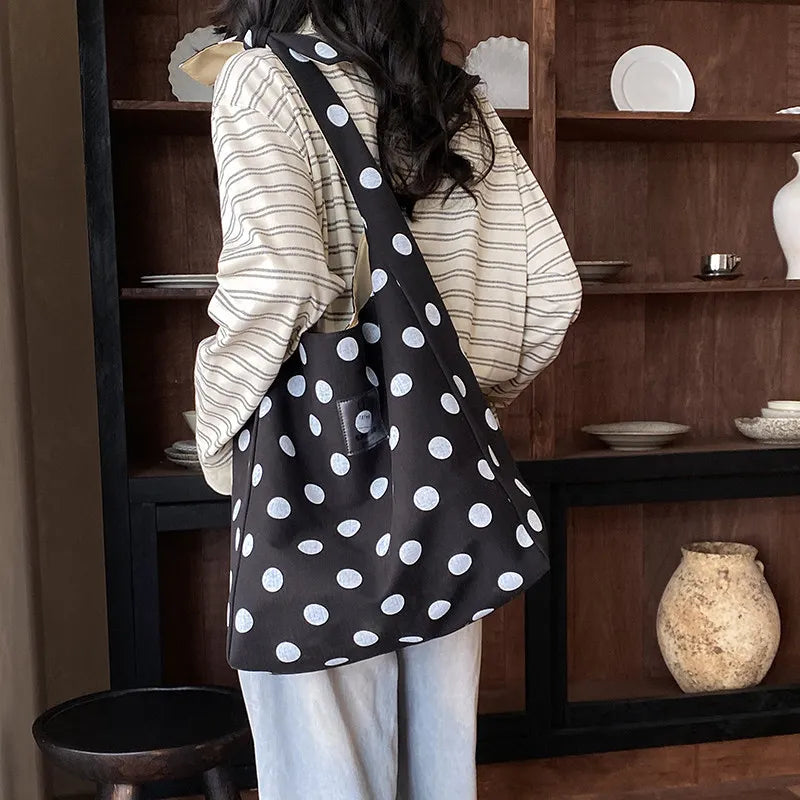Korean Polka Dot Canvas Tote Bag – Large Women's Shoulder Bag Canvas Tote Bag Nixie