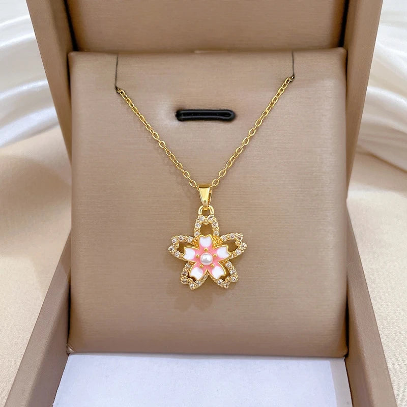 Flower Pendant Choker Necklace – Gold Stainless Steel & Zircon Pendant Choker Necklace Nixie