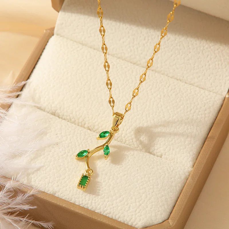 Emerald Branch Pendant Necklace – Gold Green Clavicle Chain Pendant Necklace Nixie