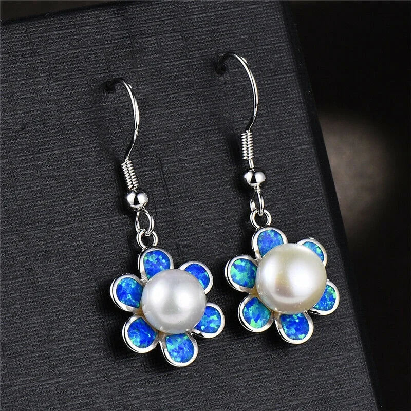 Pearl Dangle Blue Simulated Opal Rhinestone Stud Earrings