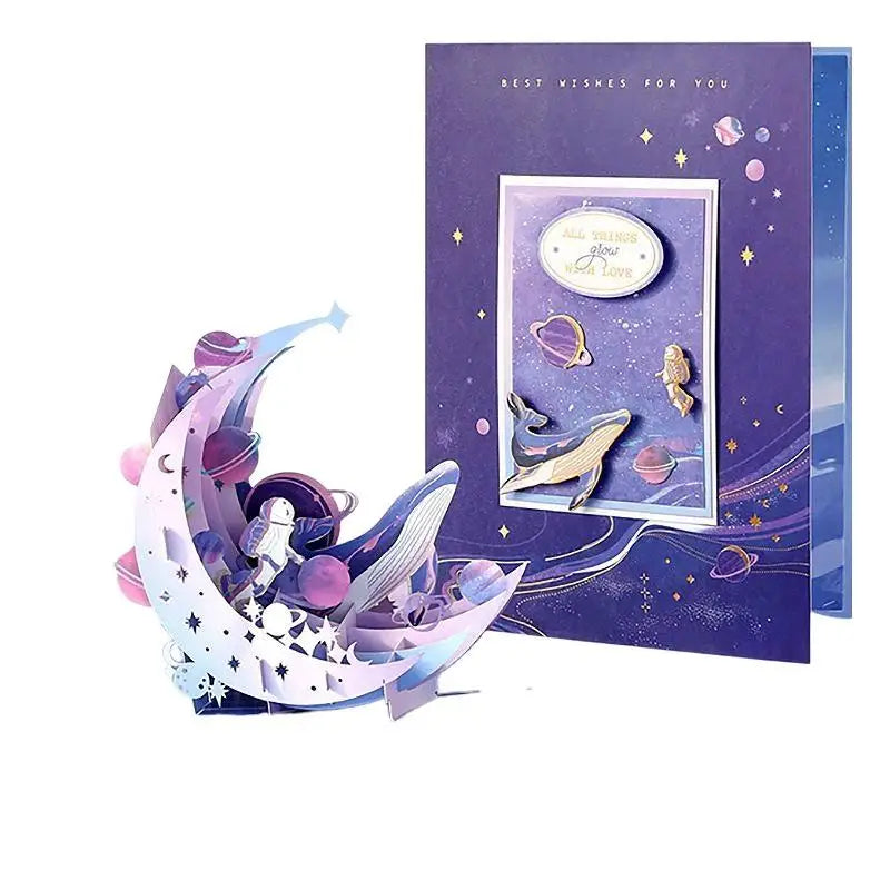 3D Pop-Up Galaxy Greeting Card – Astronaut Moon Whale Design