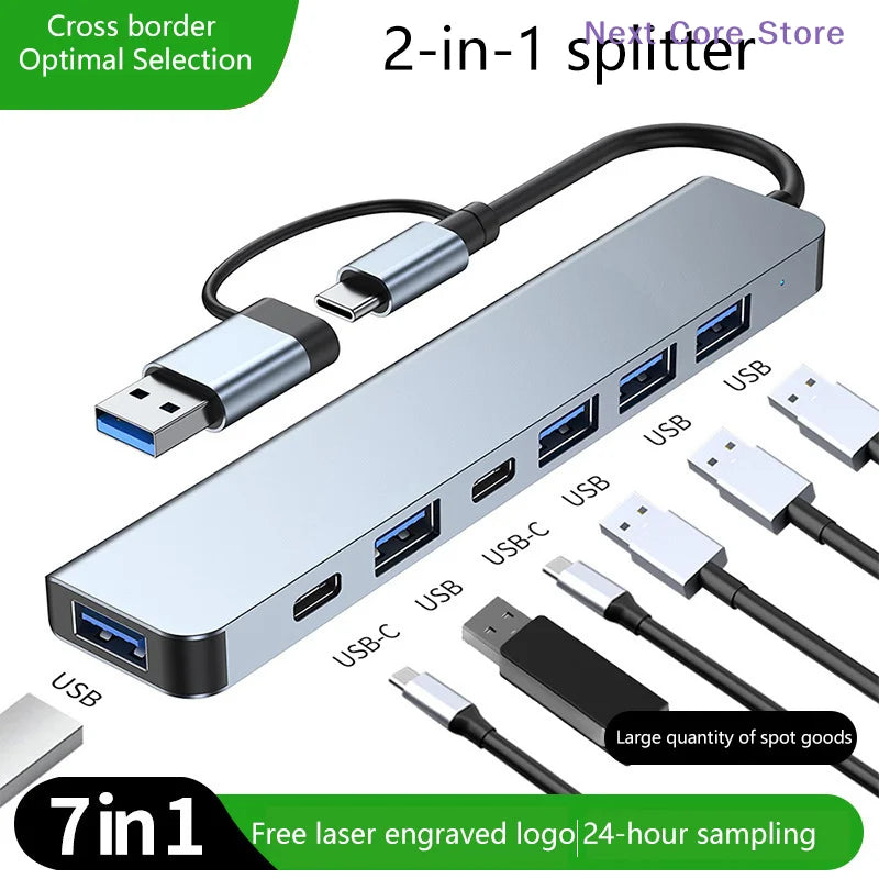 7-in-2 USB Hub Docking Station – USB-C, 3.0 & TF Card Reader USB Hub Docking Station Nixie