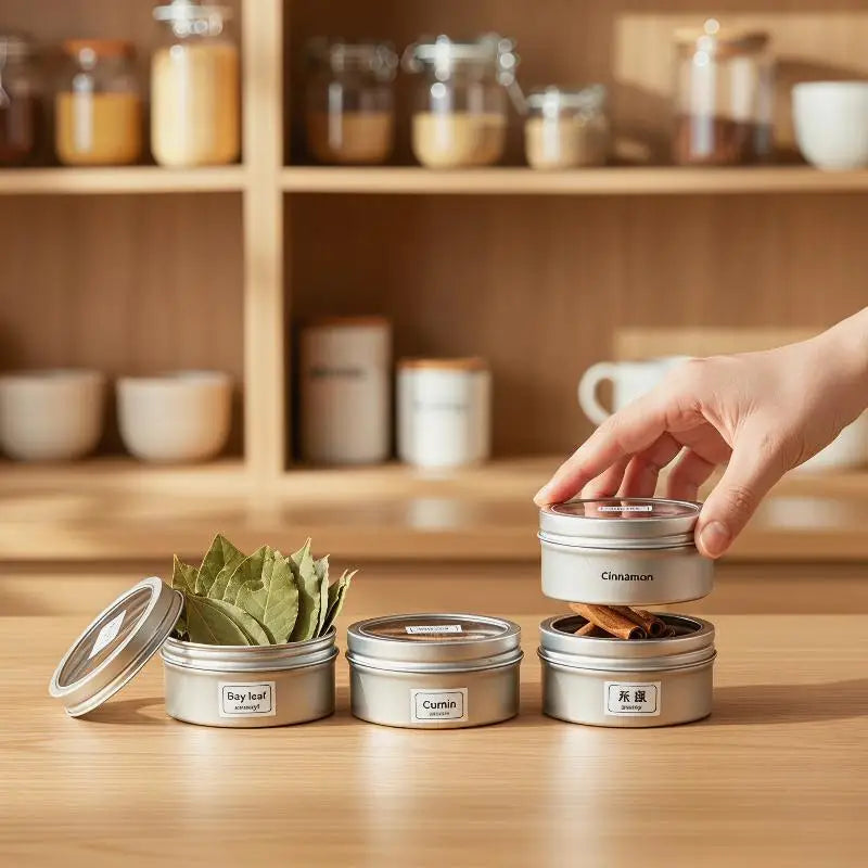 Magnetic Round Tin Spice Storage Box with Transparent Lid Spice Storage Tin Nixie