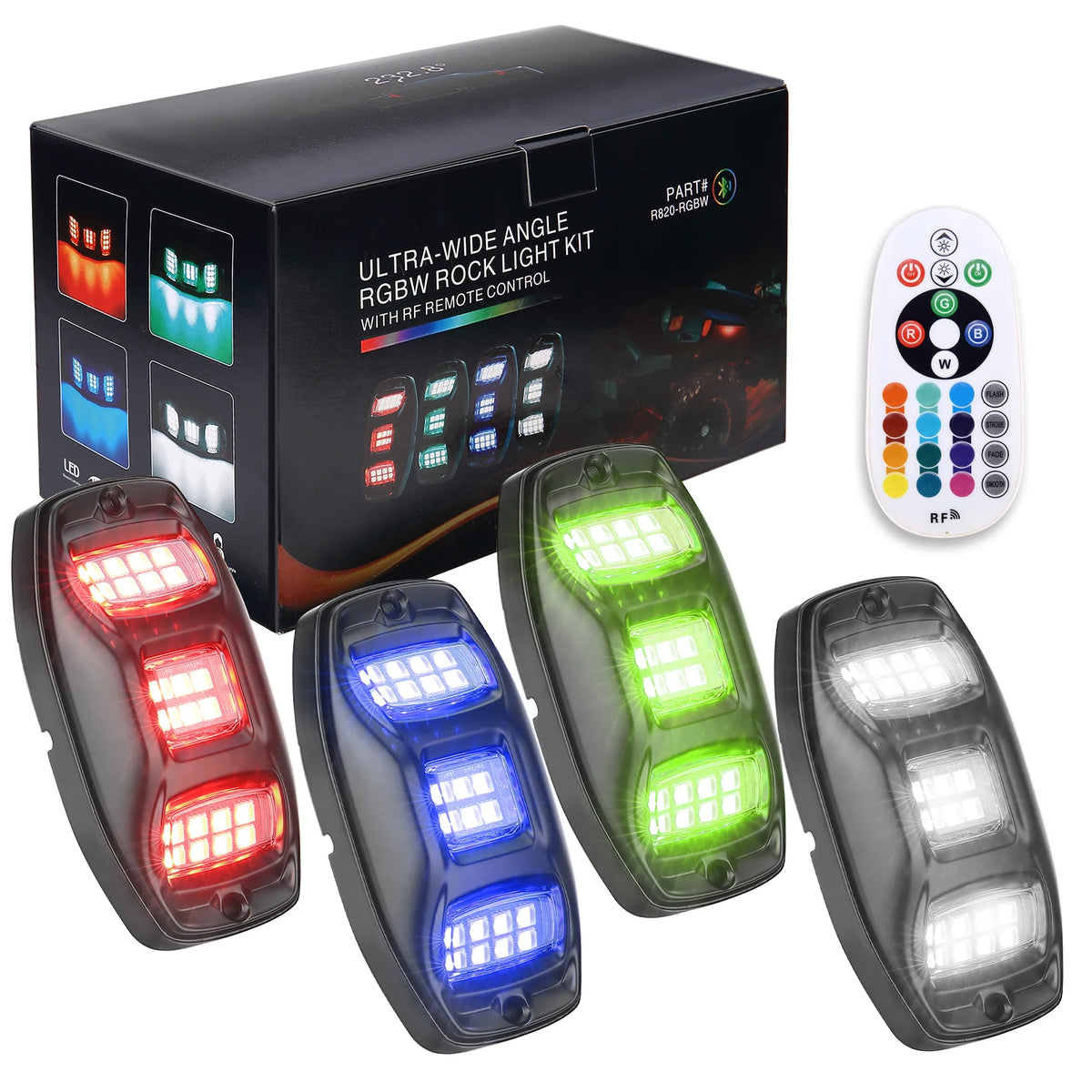 KEMIMOTO 6-Pod RGBW Rock Lights APP RF Control IP68 Waterproof LED Rock Light Kit Nixie 4 pods
