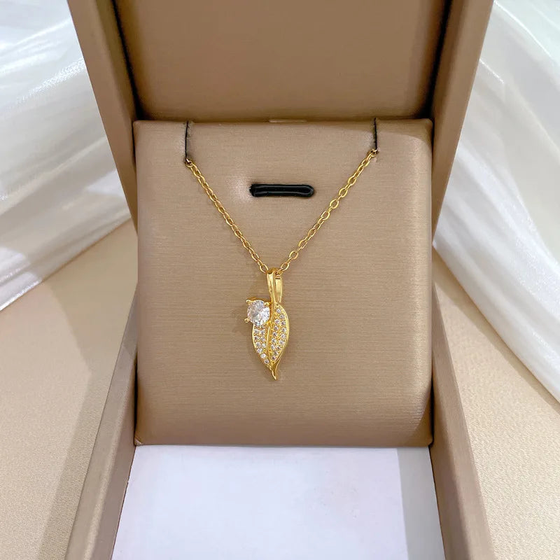 Gold Leaf Pendant Choker Necklace | Stainless Steel & Zircon