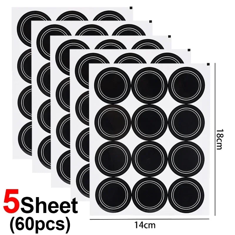 Round Blackboard Spice Labels – Reusable Waterproof Jar Stickers Kitchen Jar Labels Nixie 5sheet- (60pcs)