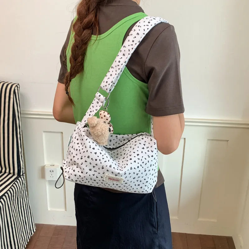 Floral Corduroy Shoulder Bag for Women – Korean Style Shoulder Handbag Nixie off-white
