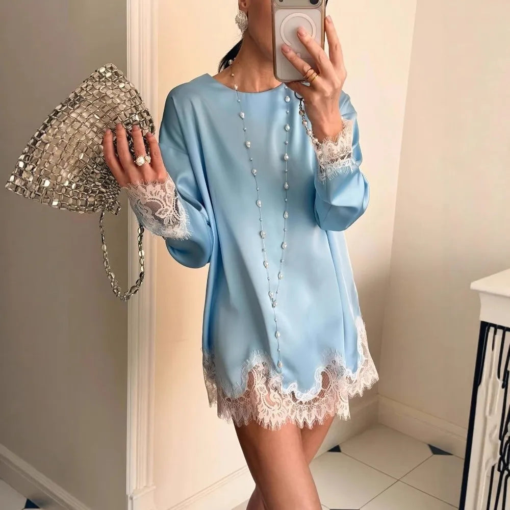 Women's Satin Lace Trim Long Sleeve Mini Dress – Loose Fit Satin Mini Dress Nixie