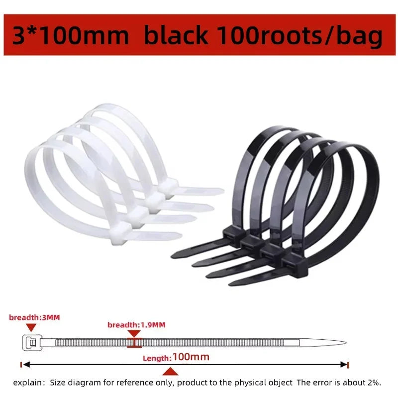 100 PCS Nylon Cable Ties Set – Black Self-Locking Zip Wraps Nylon Cable Ties Nixie 100PCS 3X100MM White
