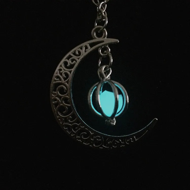 Silver-Tone Moon & Pumpkin Pendant Necklace | Light Luxury Style Pendant Necklace Nixie Blue green glow in the dark
