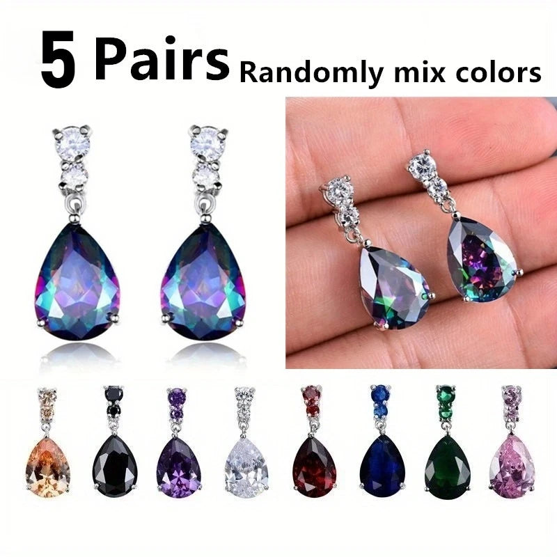 10 Pairs Teardrop CZ Dangle Earrings Set – Multicolor Crystal CZ Dangle Earrings Nixie 5 Pairs Randomly