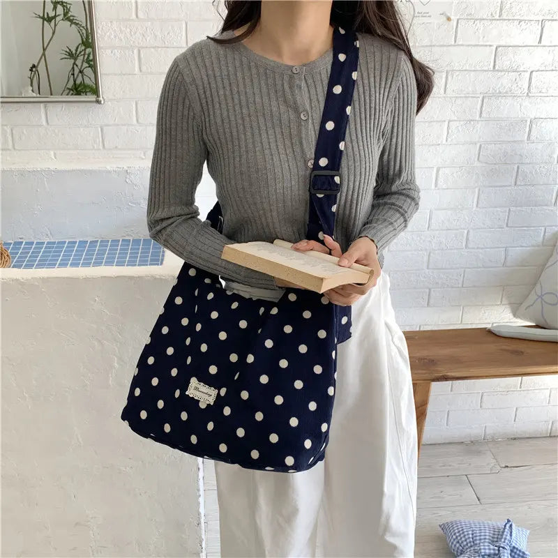 Korean Polka Dot Canvas Crossbody Tote Bag – Large Capacity Crossbody Shoulder Bag Nixie Blue