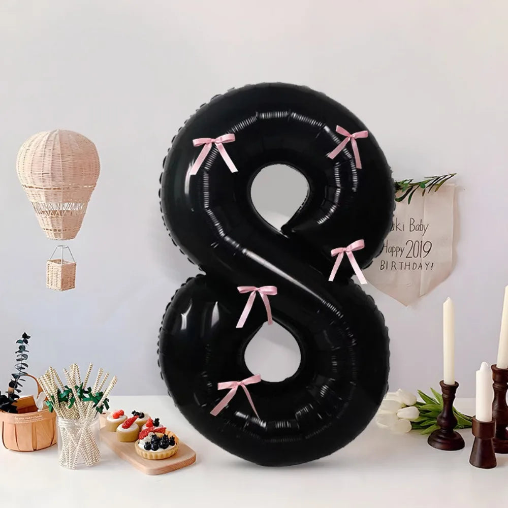 32 Inch Black Number Balloon with Pink Bows | Foil Party Decor Party Balloon Decoration Nixie 8 10inch