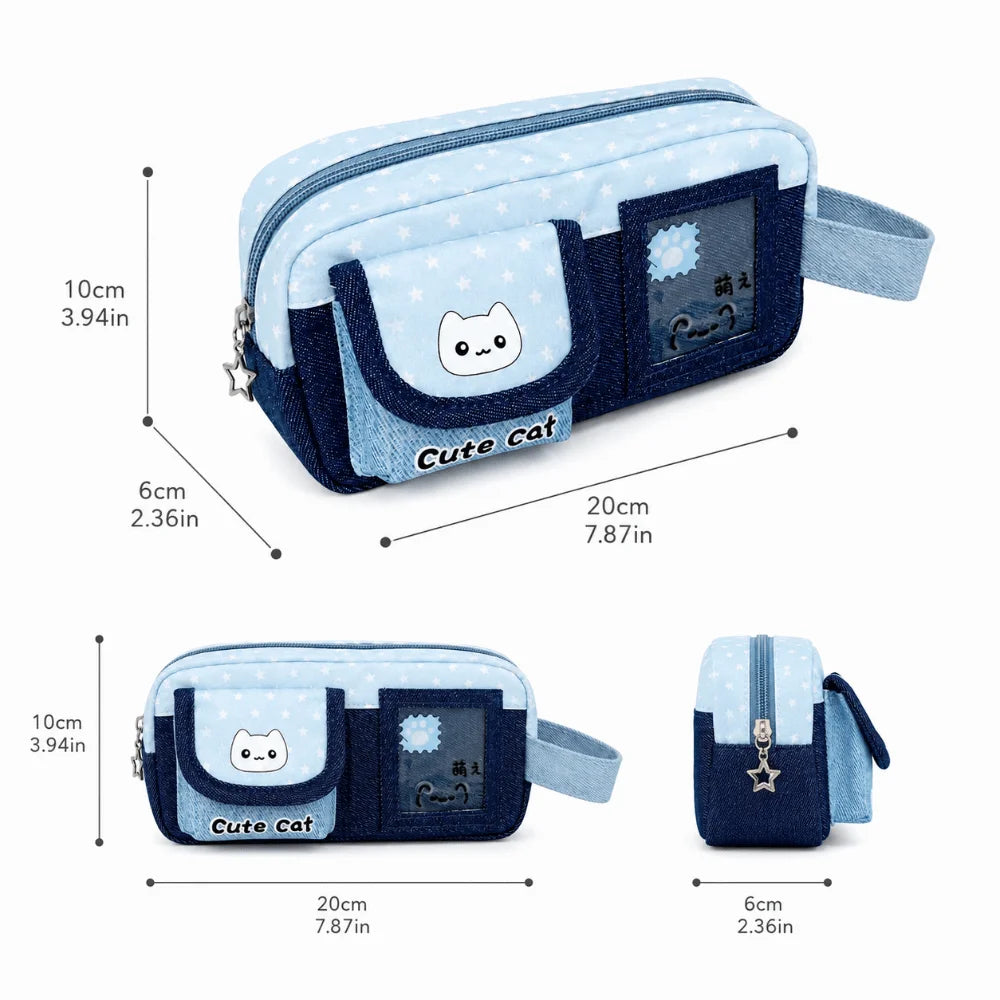 Denim Patchwork Pencil Case | Cat Print Large Capacity Pen Bag